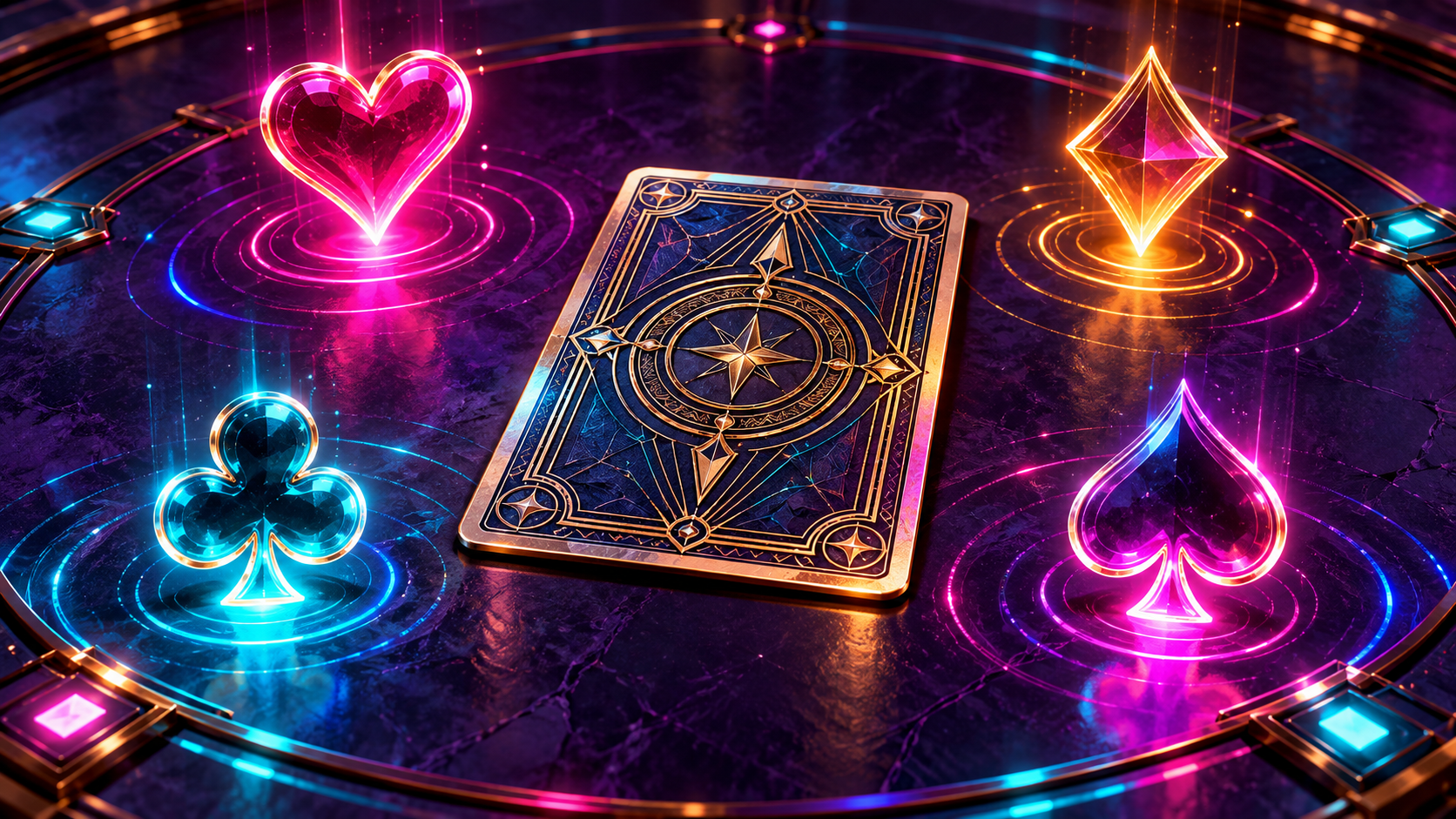 A mysterious playing card surrounded by glowing suit symbols and neon signal ripples