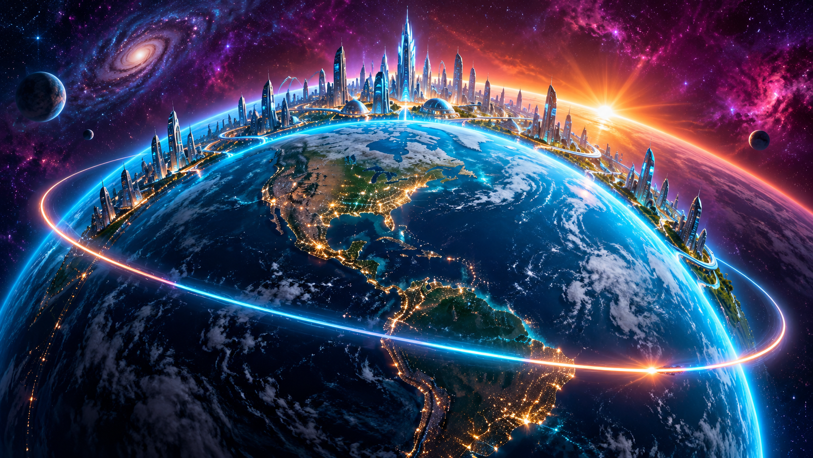 A glowing future city rising around Earth under a neon orbital arc