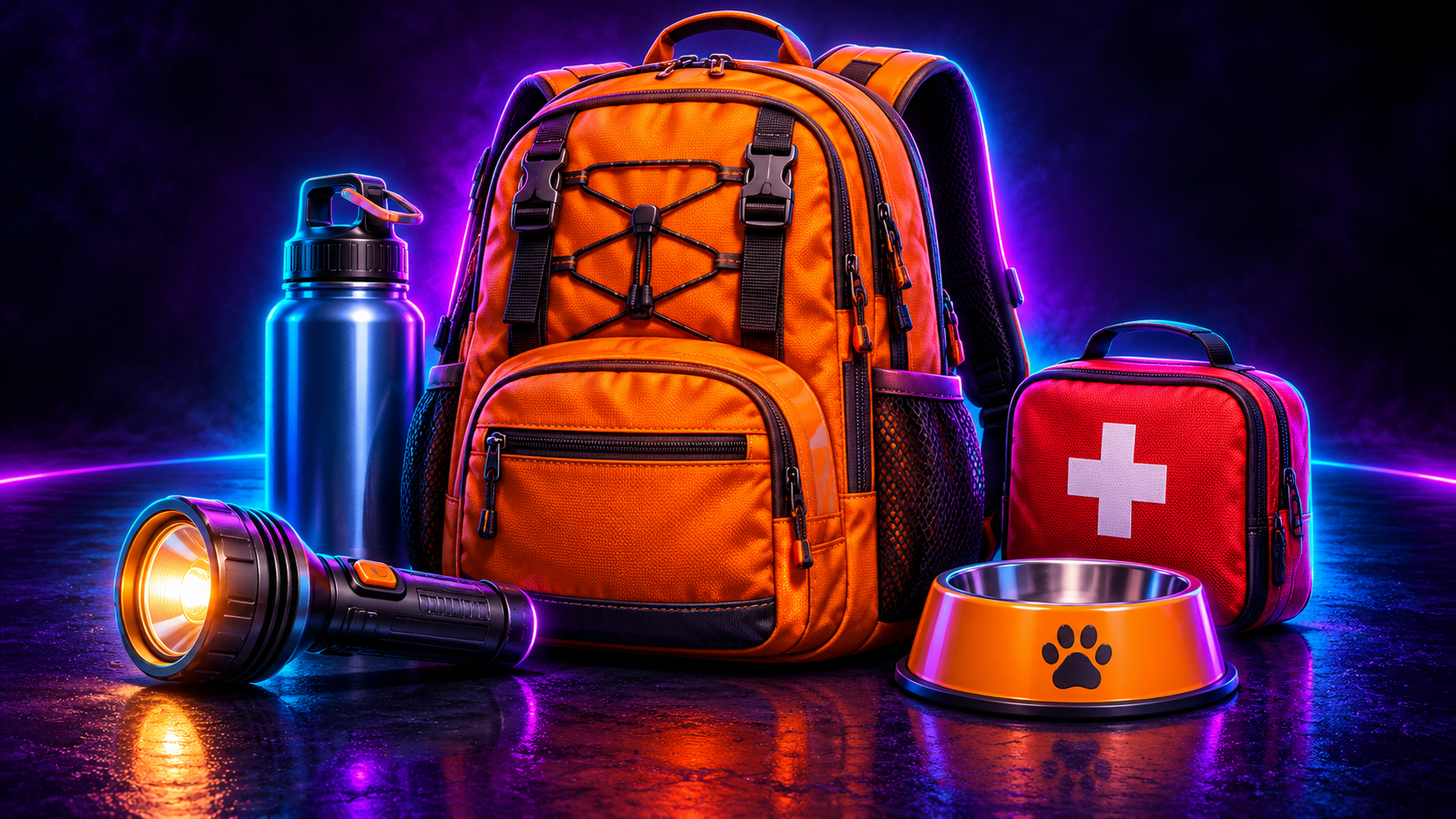 An orange emergency backpack with a flashlight, water, first-aid pouch, and pet bowl
